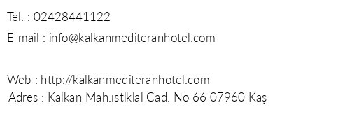 Mediteran Hotel Kalkan telefon numaralar, faks, e-mail, posta adresi ve iletiim bilgileri